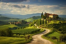 Scenic Countryside With Tuscan Hills In Italy. Generative AI