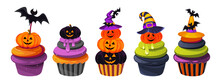 A Set Of Cupcakes For Halloween With Pumpkins, Bats, Hats.Halloween Sweets.A Design Element For Halloween. Vector Illustration