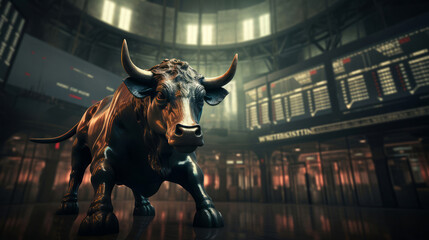 Wall street bull in stock exchange concept.Stock exchange software of finance and economy graphs.