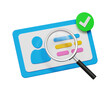 3D identity verification icon. Identification success. Registered concept. User approved. ID card with tick checkmark icon and magnifying glass. 3d illustration