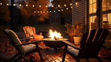 Cozy Autumn Patio Fire With Chairs. Late Night By The Fire Pit And Fairy Lights In Background