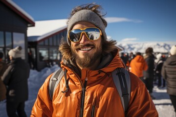 portrait of a young man in sunglasses in a ski resort