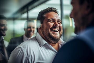 Plus-size male manager in a meeting with employees and colleagues at his business office.
