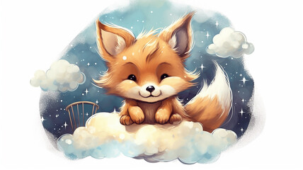 Wall Mural - fox cub sleeps on a cloud watercolor on a white background illustration of the little.