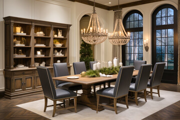 A luxurious dining room with a large wooden table and eight chairs, rustic finish, candles. The chairs are upholstered in gray fabric and have a modern design, bookcase, crystal chandeliers