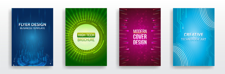 Futuristic design for medical, scientific, computer flyers, brochures, and webinar pages. High-tech corporate document cover design. Blue set of hi-tech covers for presentation and marketing.