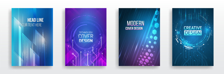 Wall Mural - Futuristic business posters. Technology covers corporate documents. Layout template science designs. Brochure, flyer, book, annual report. Blue hi-tech vector illustrations for business presentations.