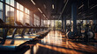 © ND STOCK - Interior of a modern gym with sports and fitness equipment and panoramic windows, fitness center, interior gym with a workout room with treadmills on a sunny day in the morning