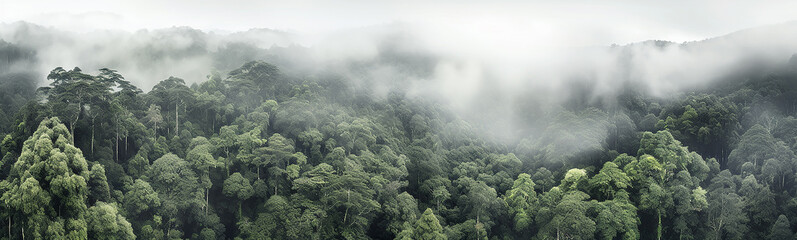Wall Mural - panorama of the rainforest tree tops in the fog.