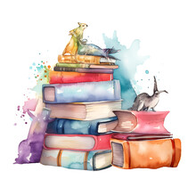 Beautiful Watercolor Fantasy Bookshelf Clipart Illustration Background Generative Ai