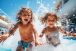 Children enjoy playful moments, splashing with glee in the lively cruise ship pool area
