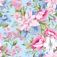 Wall Mural - Seamless pattern linen in white and pink with flowers on it, in the style of light sky - blue and blue, romantic floral motif