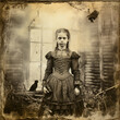 A sepia victorian portrait of a demure but demonic little girl