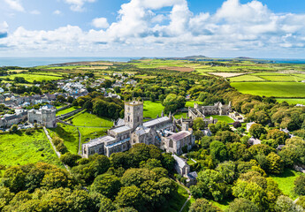 St Davids Cathedral from a drone, St Davids, Haverfordwest, Pembrokeshire, Wales, England