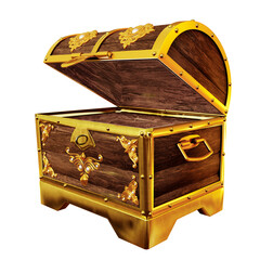 Wall Mural - Treasure chest made of gold. Antique chest made of wood and metal, painted gold. Antique padlock locks the treasure chest. on a white background with clipping path. 3D rendering