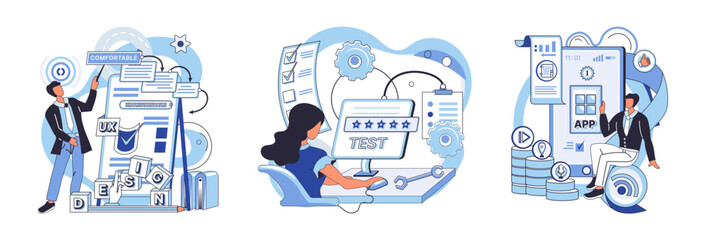 Application testing metaphor. Vector illustration. Application testing, refining process for well-oiled software mechanism App test, mock drill that prepares app for real-world scenarios Software