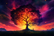 Man And Magic Old Tree. Fantasy Landscape With A Magic Tree And A Man Standing On A Hill. Silhouette Of A Man On The Background Of A Big Tree. Sunset Scene. Sunrise. Fairy Tale. Vector Illustration