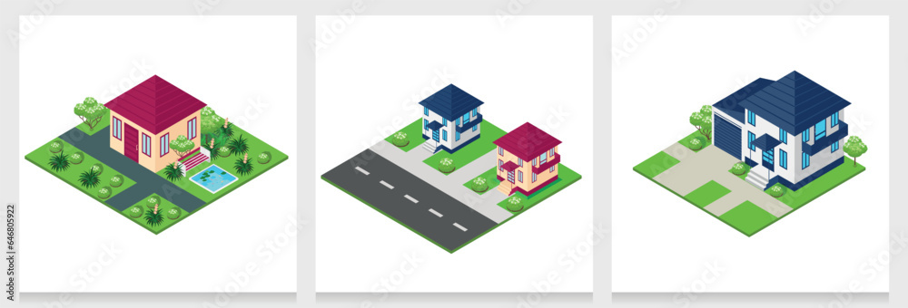 isometric streets with houses and trees and plants. Colorful image of ...