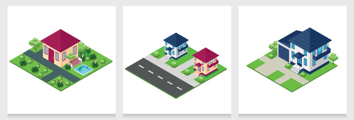 isometric streets with houses and trees and plants. Colorful image of park and nature streets. Vector set of backgrounds.