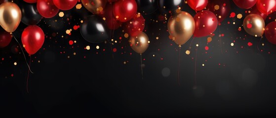 black, red and gold balloons with glitter confetti, party, happy birthday, Happy new year, classy, black background, Generative AI