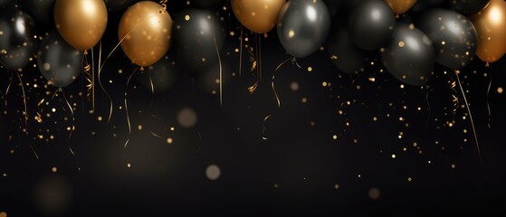  black, red and gold balloons with glitter confetti, party, happy birthday, Happy new year, classy, black background, Generative AI