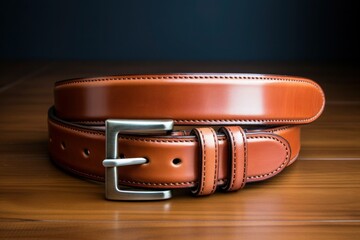 On a wooden  background men's brown leather belt