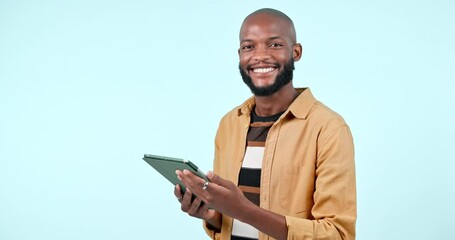 Poster - Happy black man, tablet and research in networking or social media against a studio background. Portrait of African male person smile with technology for online search, website or app on mockup space