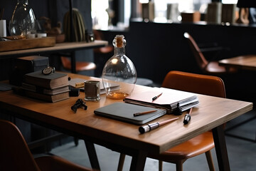 Poster - Workplace in the morning with laptop and cup of coffee