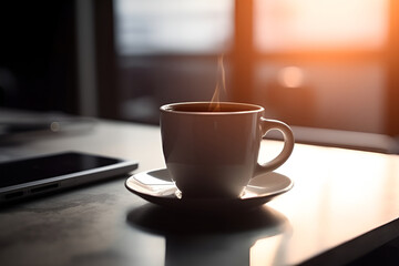 Poster - Workplace in the morning with laptop and cup of coffee