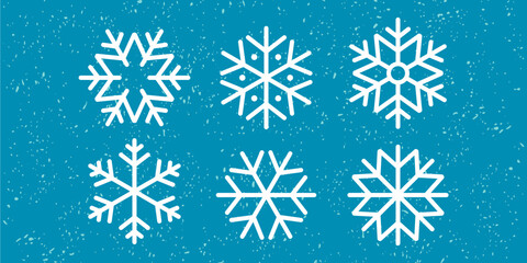 Snowflake variations icon collection. Snowflakes white ice crystal on blue background. Winter symbol. Christmas logo sign. 