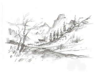 winter forest landscape pencil drawing for card decoration illustration