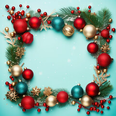 Wall Mural - Christmas ornaments on blue background with copy space for design