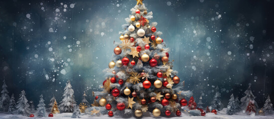 Poster - Christmas tree with ornaments with dark blue snowy background