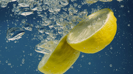 Wall Mural - Underwater lemon slice in soda water or lemonade with bubbles. Refreshing soda tonic fizzy cocktail. Close up of lemons and ice cubes in glass. Lime in splashing sparkling water cold drink beverage.