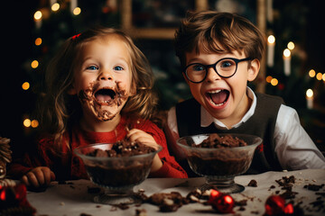 Two cute little kids with Christmas cookies on the table