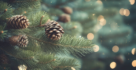 Poster - Pinecones on a tree with string lights