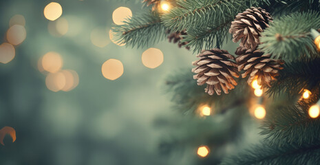 Poster - Pinecones on a tree with string lights