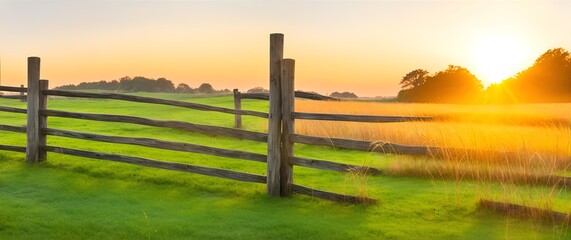 Wall Mural - Wooden garden fence with grass at sunset from Generative AI