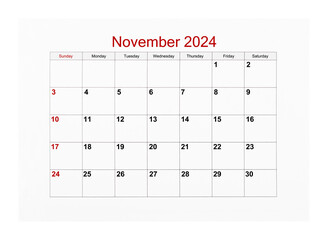 The November 2024 Calendar page for 2024 year isolated on white background, Save clipping path.