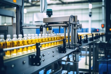 Process of beverage manufacturing on a conveyor belt at a factory.