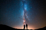 Fototapeta Zachód słońca - Fantasy landscape, couple in love standing on the hill, and looking at the Milky Way galaxy .