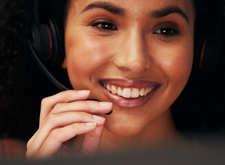Face, mic and woman at callcenter, headset and closeup with phone call, CRM and communication with smile. Technology, customer service and happy consultant, help desk or advice with tech support