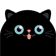 Wall Mural - Black cat face head silhouette. Blue eyes. Cute cartoon baby character. Kawaii pet animal. Pink nose, ears, tongue. Funny kitten. Sticker print. Flat design. White background.