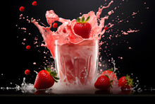 Splashing Strawberry Milkshake With Ice And Fresh Strawberries On The Table With Black Background. Strawberry Smoothie Milkshake With Splashes