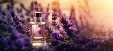 Glass Bottle With Essential Oil Among The Lavender Blossoms