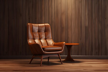Leather Chair Sitting Next To Wooden Table And Wood Wall