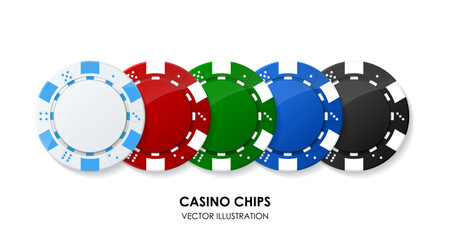 Wall Mural - Set of colorful casino poker chips. Collection of white, red, green, blue, black tokens. Gambling game. Risky bet. Raise money. Try luck. Play roulette, blackjack addiction. Vector illustration