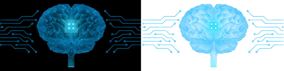 Poster - Human brain blue glow futuristic with circuit line in left and right transparent background