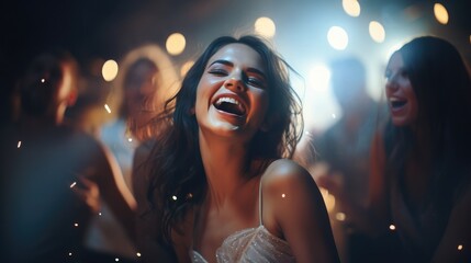 Wall Mural - Beautiful young women celebrating having fun at a party