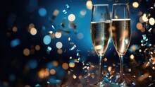 Glasses Of Champagne Toasting In The Night Party. Celebration Concept.